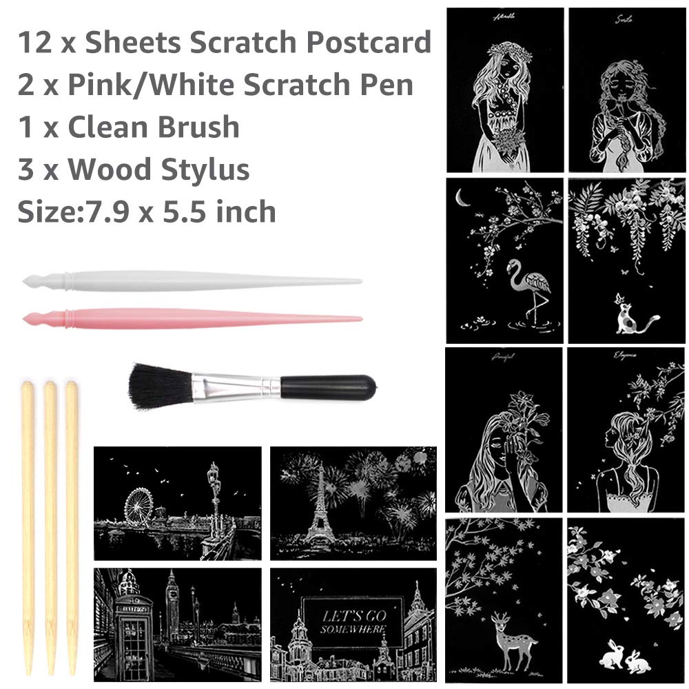 Magic Scratch Art Paper(7.9x5.5), Rainbow Landscape Engraving Art Mini Scratchboard Pads for Adults and Kids, Art & Crafts Set: