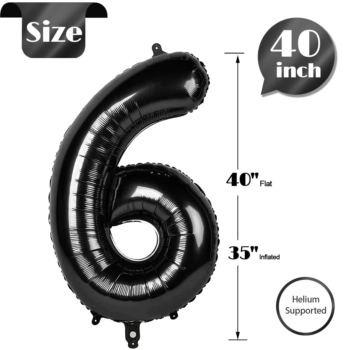 Iwerp Black 40 Inch Number Balloon, 6Th Birthday Decorations For Girl And Boy, Unisex, Reusable, Self-Sealing, Gold Accents, Par