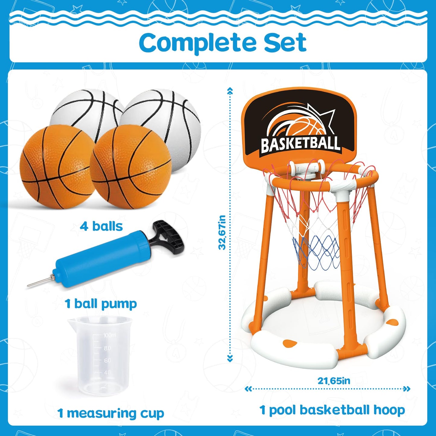 Talgic Pool Basketball Hoop Set For Pool With Backboard, 4 Balls & Pump, Pool Toys For Kids And Adults, Indoor Basketball Hoop For Toddler