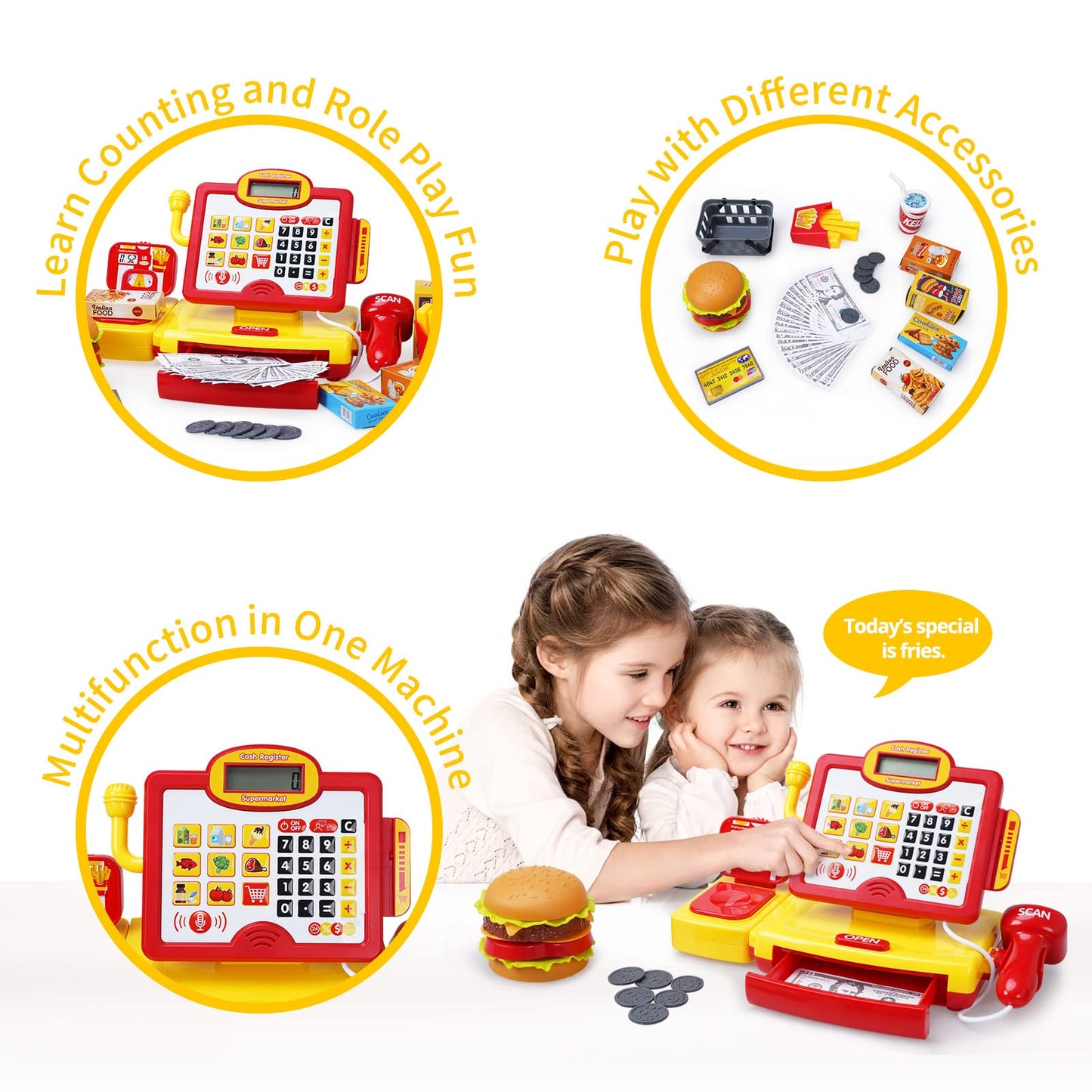 FS Toy Cash Register for Kids, with True Barcode Scanner & Calculator Toys, Pretend Play for Toddlers 3-5, Shopping Playset, Kid