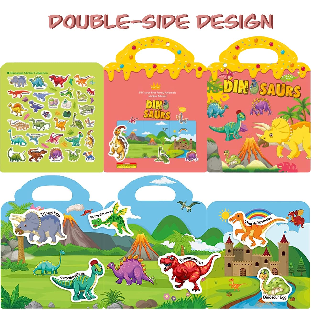 Ruson Reusable Sticker Book For Kids, 2 Sets Educational Learning Toys Travel Stickers Activity Books For Toddler Girls Boys Age 3+ Birthday Gifts - Vehicle & Dinosaur