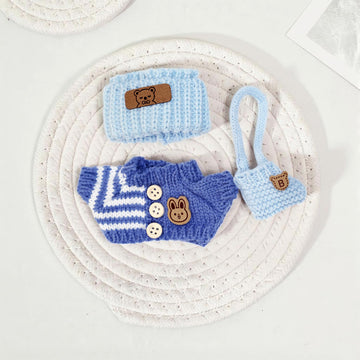 Clothes for 17cm Doll (NO Doll) Handcrafted Crochet Outfits for 17cm Dolls with Accessories Boy and Girl 3-Piece Clothes Set Cute Stylish Clothing with hat and Bag for Dolls Dress up (Blue)