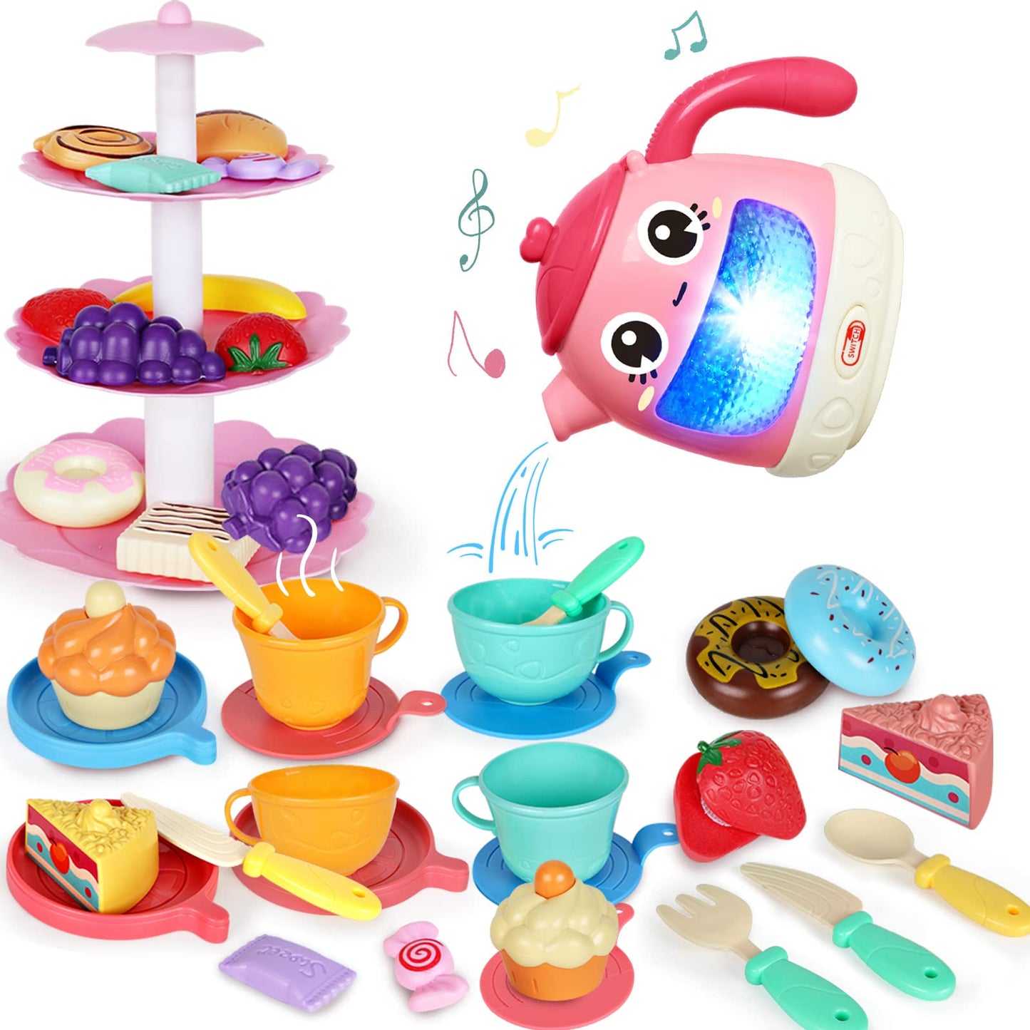 Tea Set for Little Girls 1-3, 48 PCS Tea Party Set for Toddler Little Girls 3-5 with Teapot Tea Cup Music & Light Play Food Toy