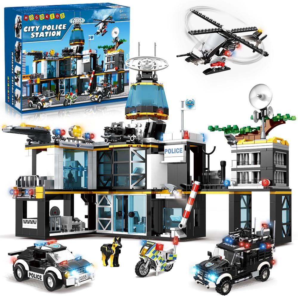 Hogokids City Police Station Building Set - 1261 Pcs Police Building Blocks Toys With Helicopter Motorcycle And 2 Cars, Stem Police Construction Playset For Kids Boys Girls Aged 8 9 10 11 12+