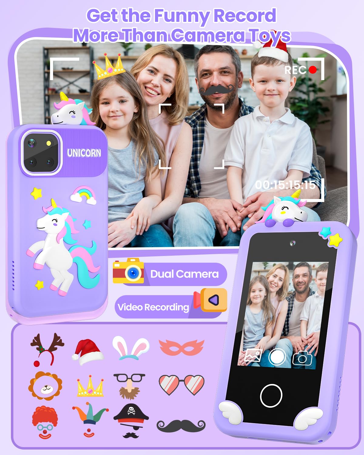 Kids Smart Phone for Girls with Holographic Pyramid, Christmas Birthday Gifts for Age 3-10 Kids Toys Cell Phone, 2.8'' Touchscre