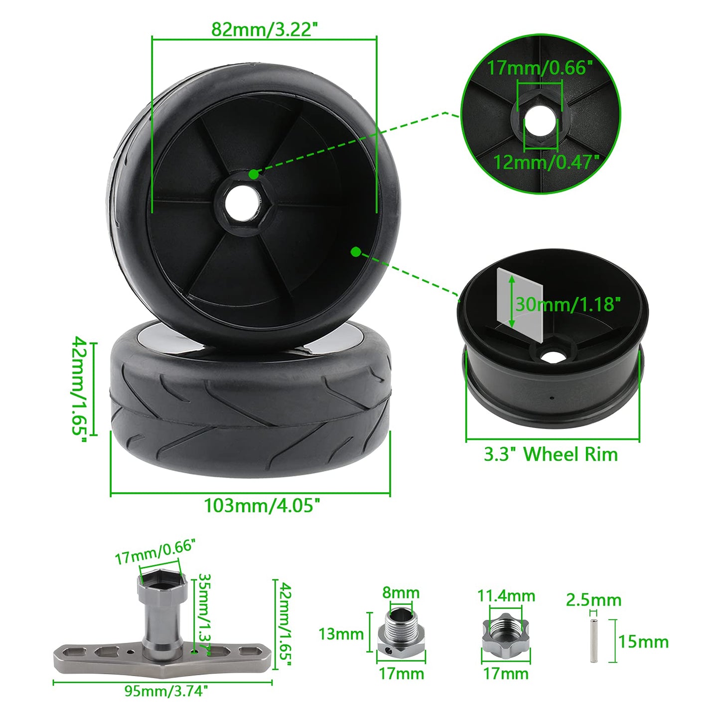 Rchobbytop 1:8 RC Buggy Tires & Wheels & Adaptors & Wrench, Street Tyre 17mm Drive Hub Hard Dish Wheel for On Road Racing Kyosho