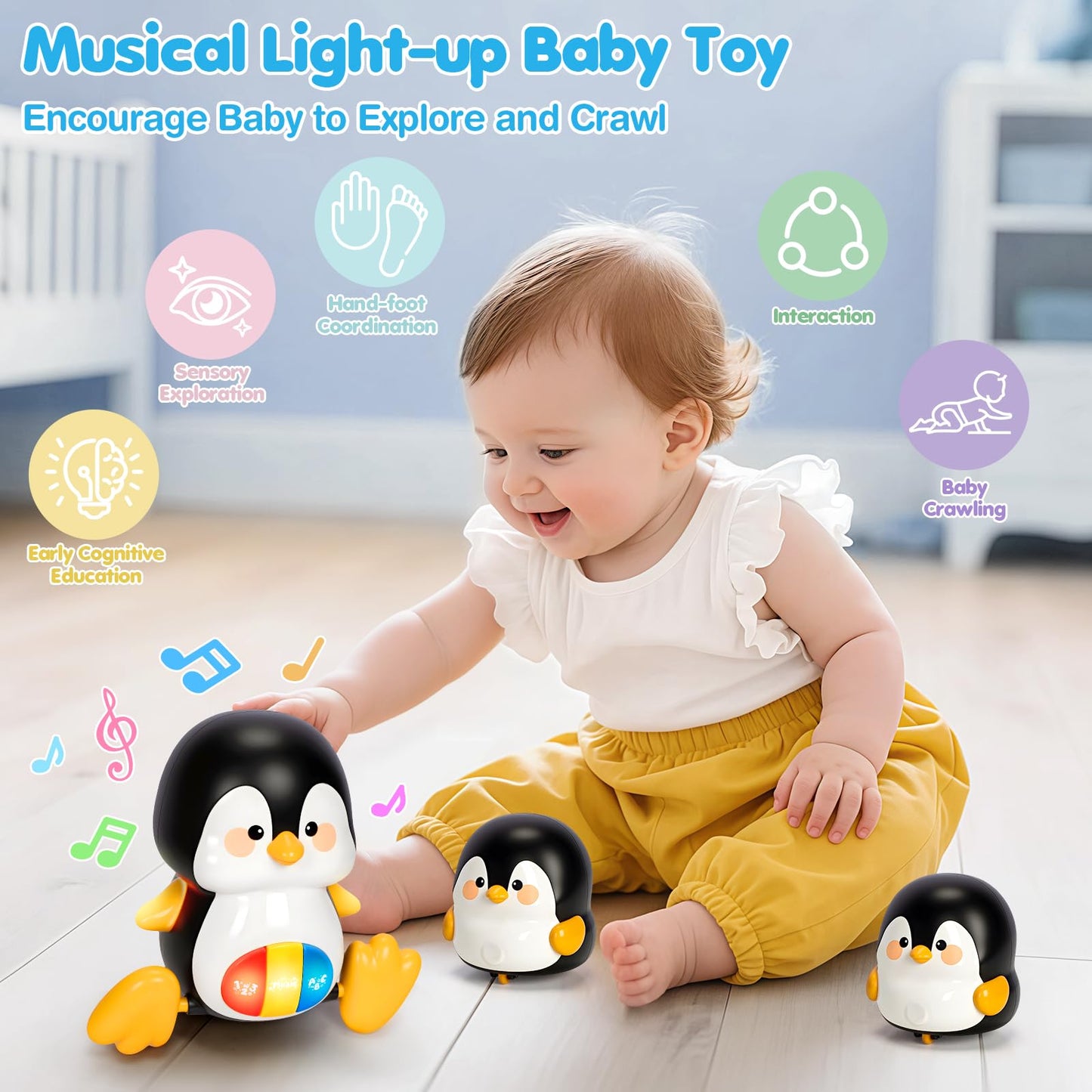 Baby Toys 6-12 Months, Musical Penguins Crawling Infant Toys, Early Learning Toy for Tummy Time with Light & Sound, Birthday Gif