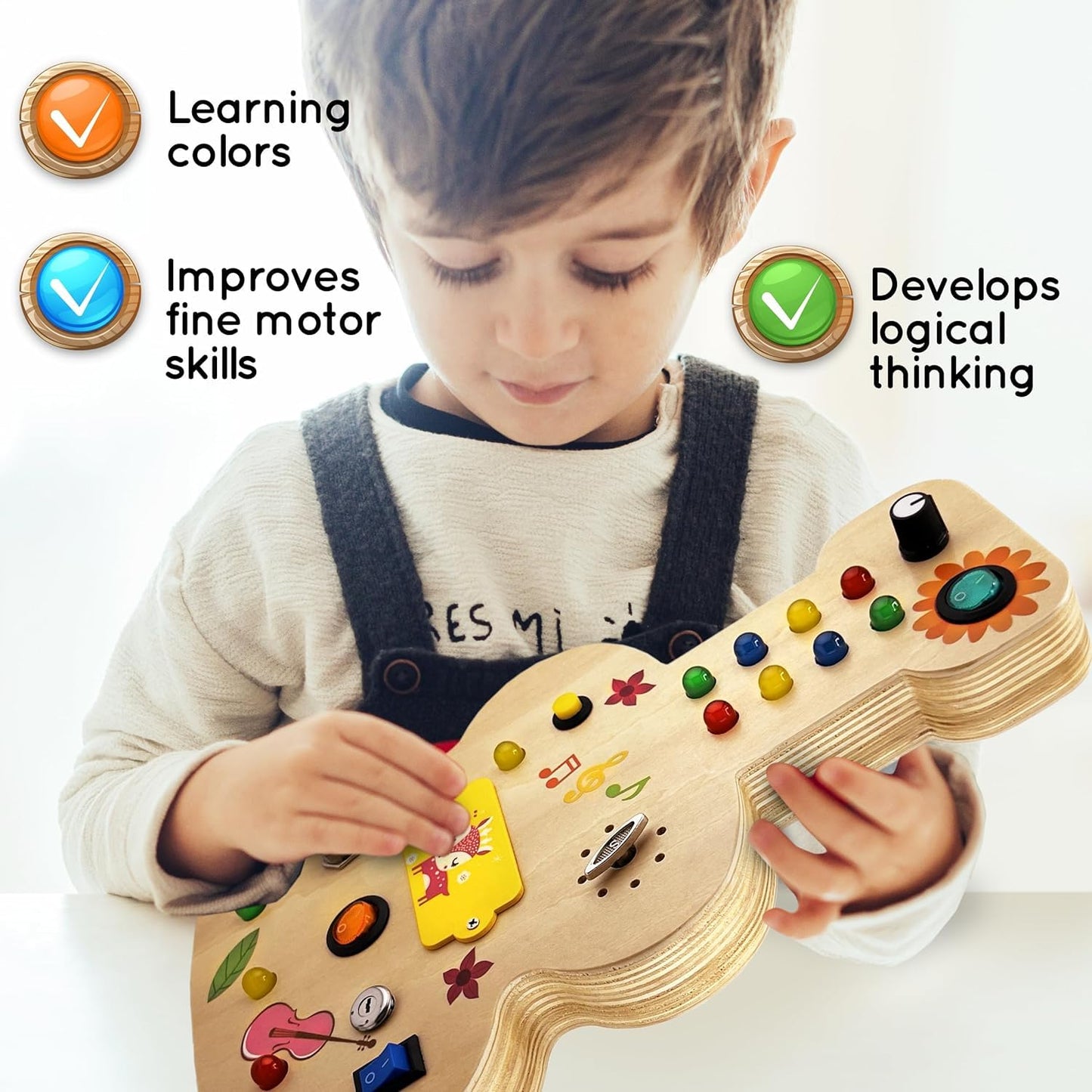 Wooden Montessori Musical Busy Board For Toddlers For 3-5 Year-Old With Mechanical Turner, Colorful Bulbs, Switches, Buttons - E