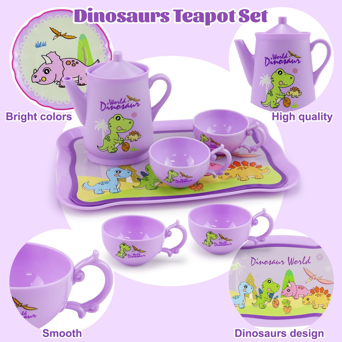 Motiloo 41 Pcs Dinosaurs Kids Tea Party Set with Carrying Case & Sweet Treats Playset - Pretend Toy Tin Tea Set for Little Girls