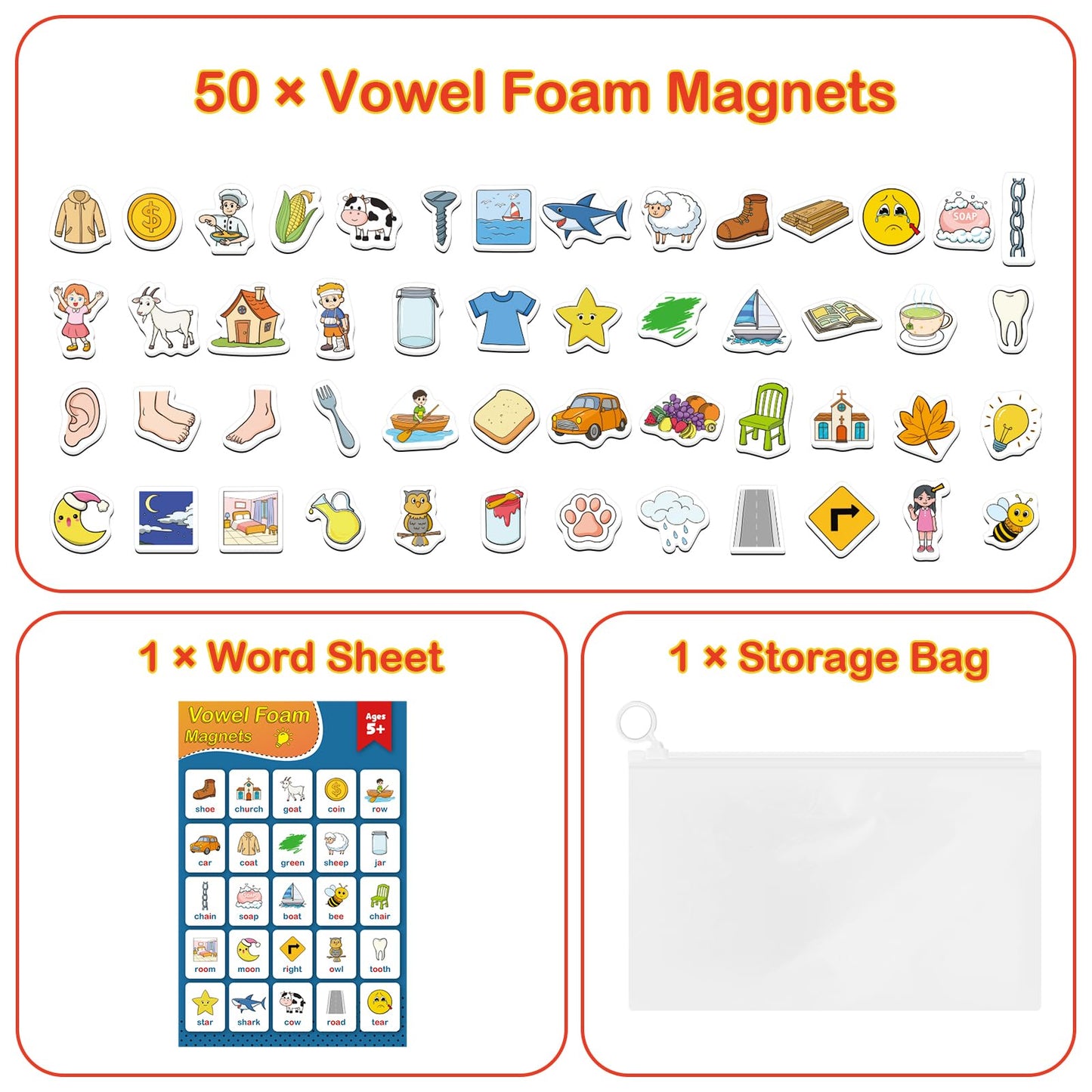 Kasfalci Vowel Word Games,Phonics Games,50 Magnetic Foam Objects Fridge Magnets For Kids,Speech Therapy Toys For Toddler,Learn T