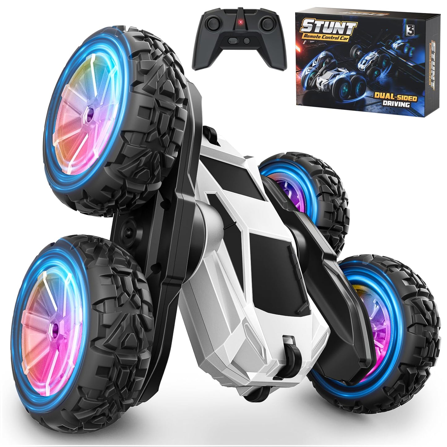 Remote Control Car, RC Cars Toys for Boys Age 4-7 6-12, 4WD RC Stunt Car with Lights & 360 Rotating, 2.4GHz USB-C Charging RC Tr