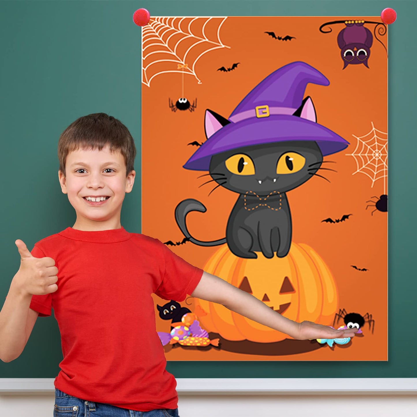 Boramdo Pin The Bowtie On Cat Neck Halloween Party Game For Kids Cat Poster With 24 Pieces Bowtie Stickers And A Blindfold For H
