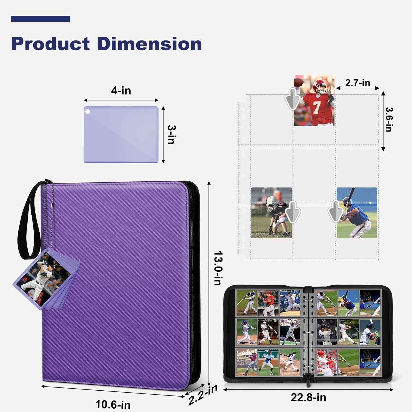 Mlikero Trading Card Binder 9 Pocket Card Binder with Card Display 720 Double Sided Pocket Sports Card Binder enhanced Card Binders Compatible with MTG TCG Baseball Cards(Purple)