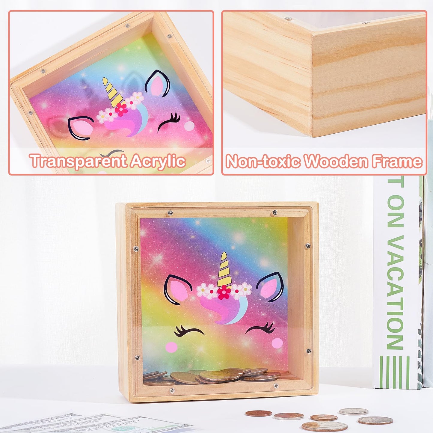 Piggy Bank Girls, Wooden Piggy Bank For Kids Unicorn Money Bank Coin Bank With Diy Letter Stickers,Rainbow