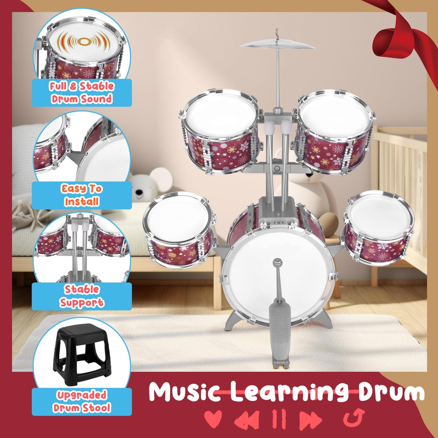 Kids Drum Set For Toddlers 1-3 Musical Jazz Drum With Stool Toys For 2-5 4-6 5-7 Boys Girls Birthday, Red