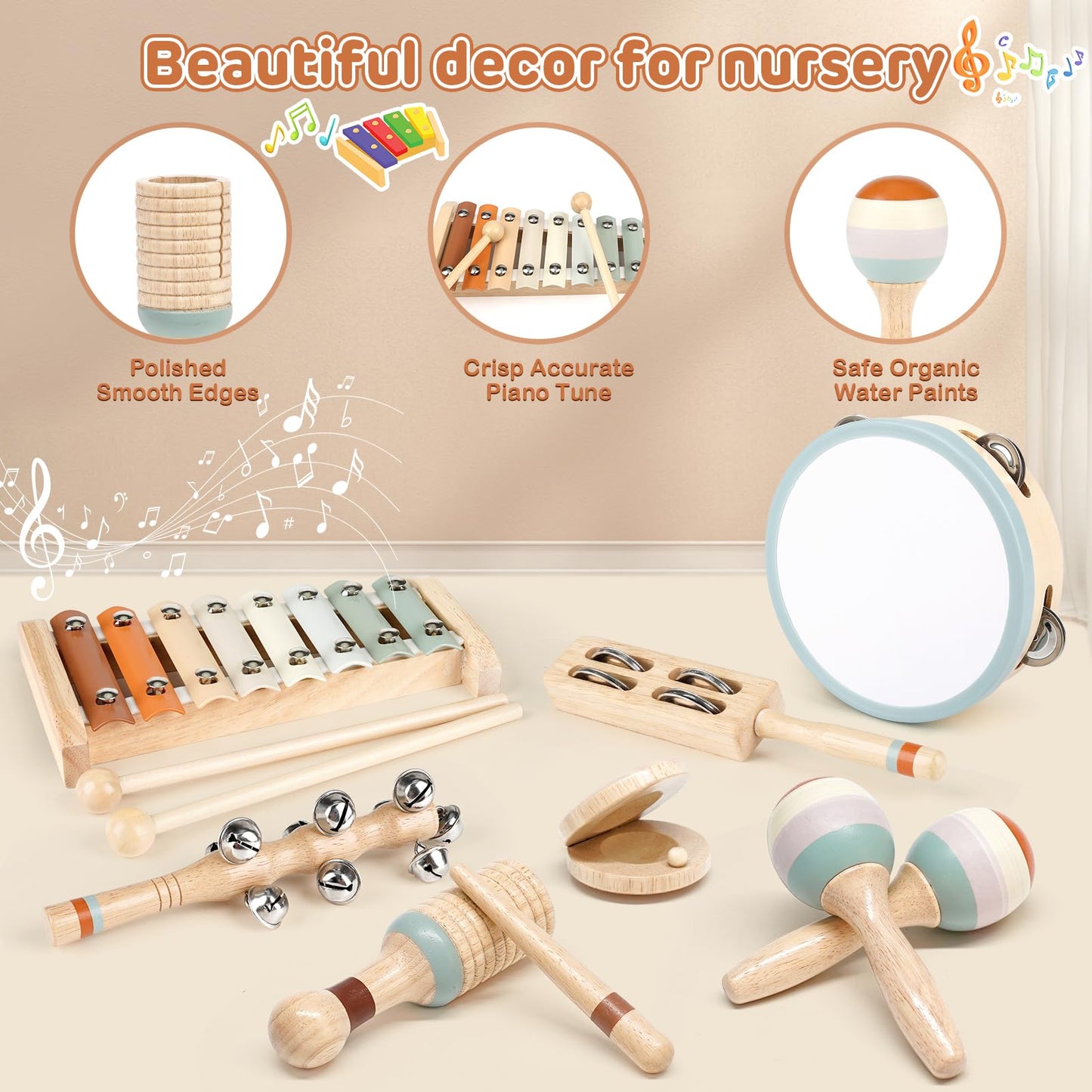 Toddler Musical Instruments, Joyreal Baby Musical Instruments Montessori Wooden Toys For Toddlers 3, Neutral Colors Percussion Instruments Set, Aesthetic Modern Boho Xylophone For Kids Playroom Gifts