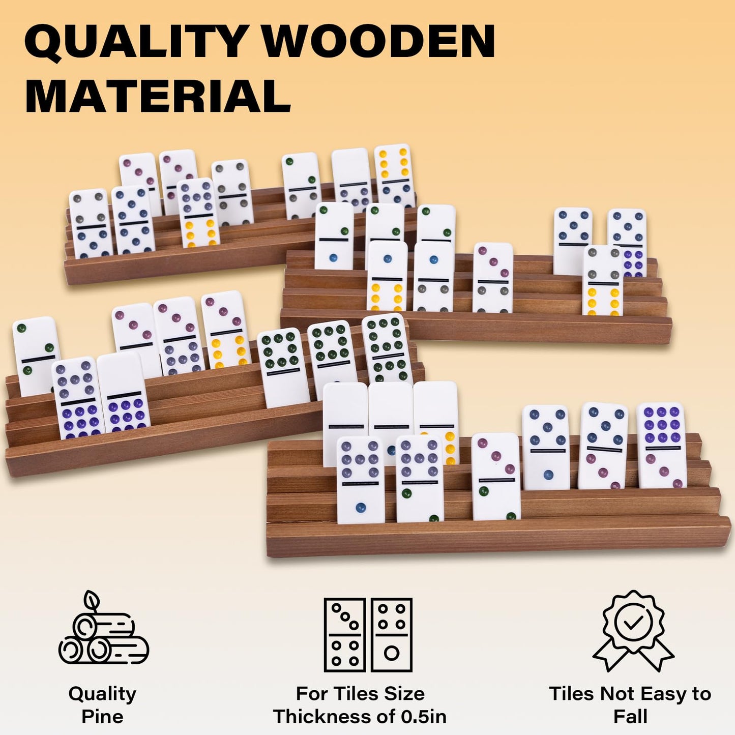 Wooden Domino Racks Set Of 4 Pcs, Wood Domino Tiles Trays, Domino Holders Organizer For Mexican Train And Other Domino Games-Dom