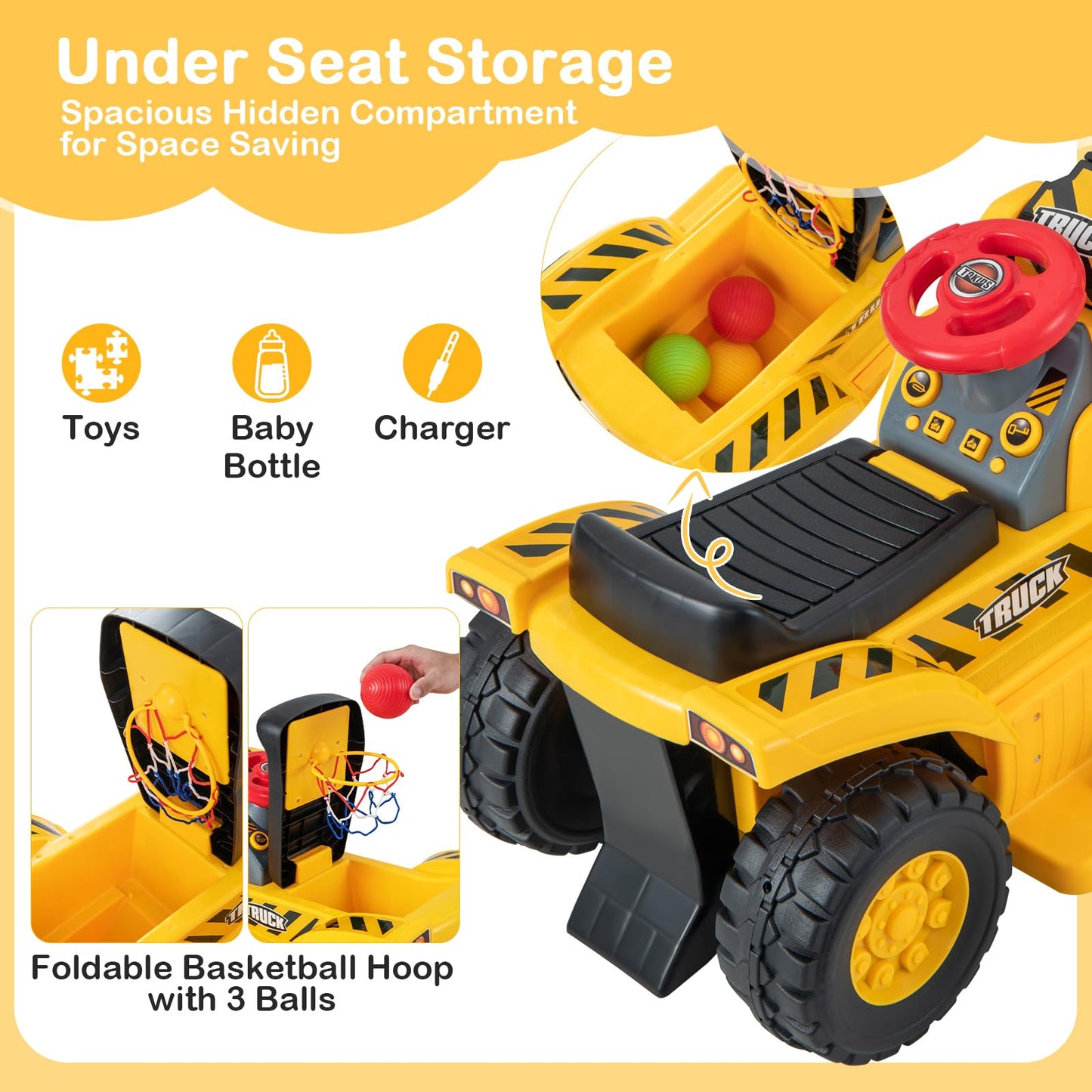 Honey Joy Electric Ride On Push Car, Toddler Bulldozer Digger W/Balls & Basketball Hoop, Outdoor Digging Scoop, Flexible Bucket, 6V Ride On Excavator Construction Vehicle For Kids