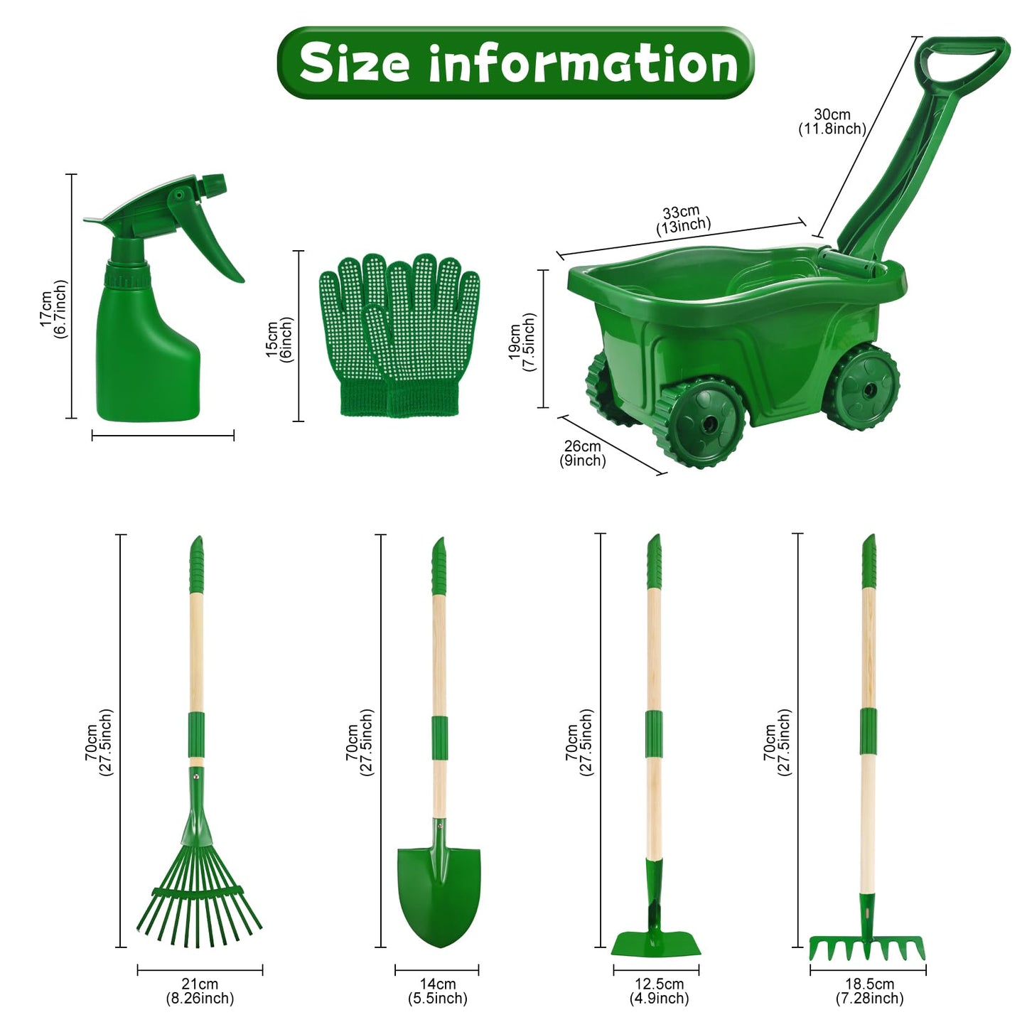 Duckura Kids Gardening Tools Set - 7pcs Wheelbarrow Set for Kids with Shovel Rake Leaf Rake Outdoor Yard Digging Toys Christmas Birthday Gifts for Boys Girls Age 3 4 5 Years Old(Green)