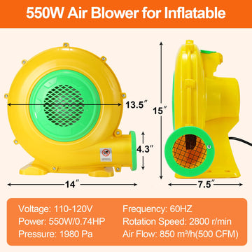 Bounce House Blower 550W 0.73HP Commercial Air Blower with Double-Sided Fan cutting edge Design Strong Wind and Great Heat Dissipation Properties for Large and Medium Bouncy Castle Jump Slides Arch