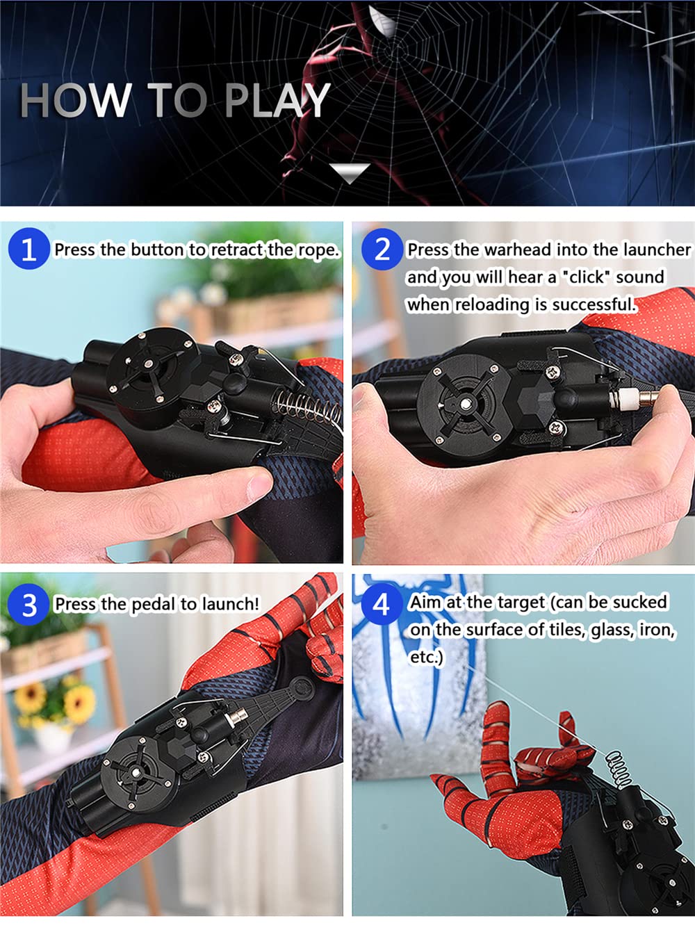 Suizu Web Shooters, Spider Silk Launcher For Kids - Usb Charging, Rope Launcher - Can Grab Small Objects, Super Hero Wrist Toy Cosplay Bracers Accessories (Red)
