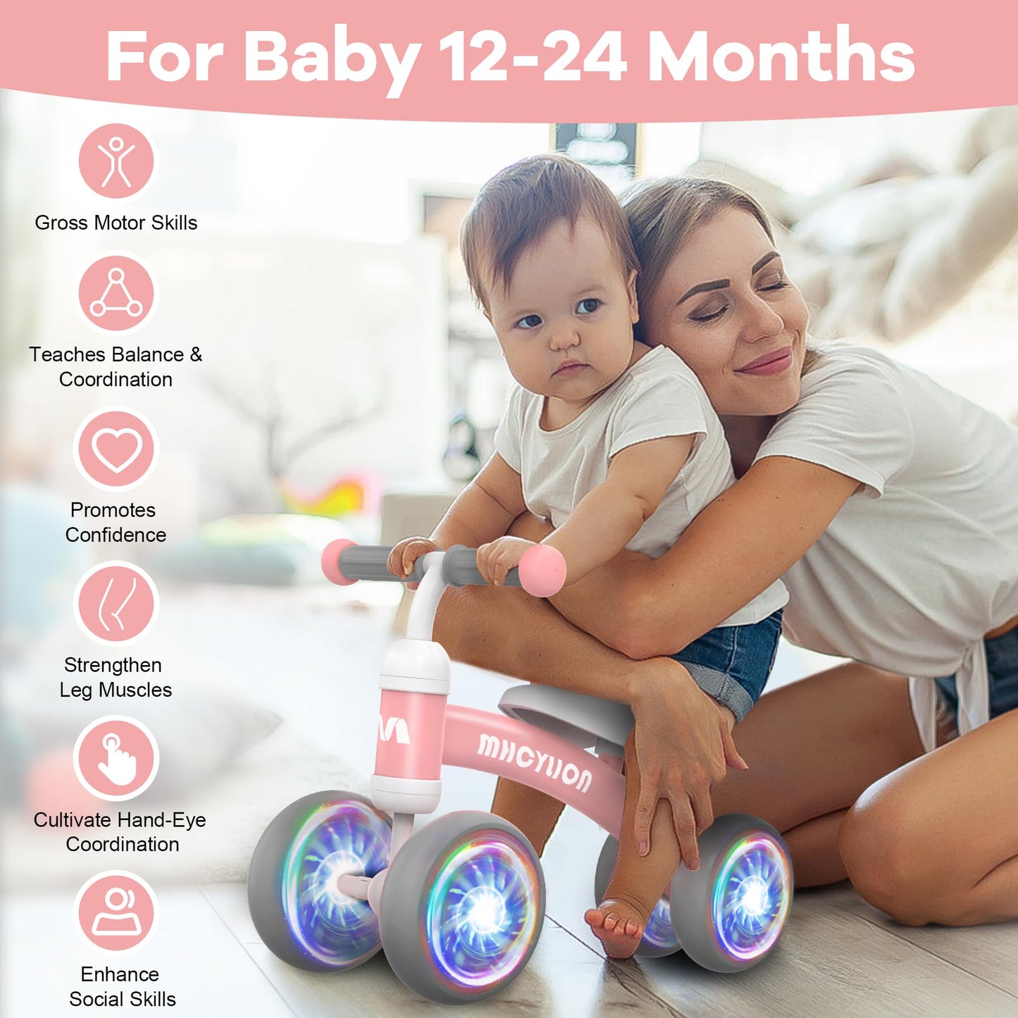 Mhcylion Shining Balance Bike Toys For Baby 1 Year Old Gifts,10-24 Months Toddler First Birthday Gift, No Pedal 4 Colorful Light