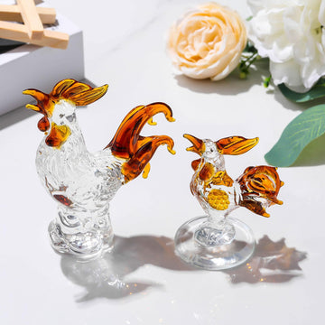 Movdyka 2Pc Brown Crystal Chicken Rooster Figurine Table Art Sculpture Decor Hand Blown Glass Farm Animal Table Ornament Decoration Statue Rooster Gifts For Women