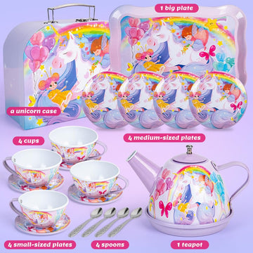 32Pcs Unicorn Tea Party Set for Little Girls Princess Tea Time Toys Playset Including Tin Tea Set Carrying Case Food Sweet Hair