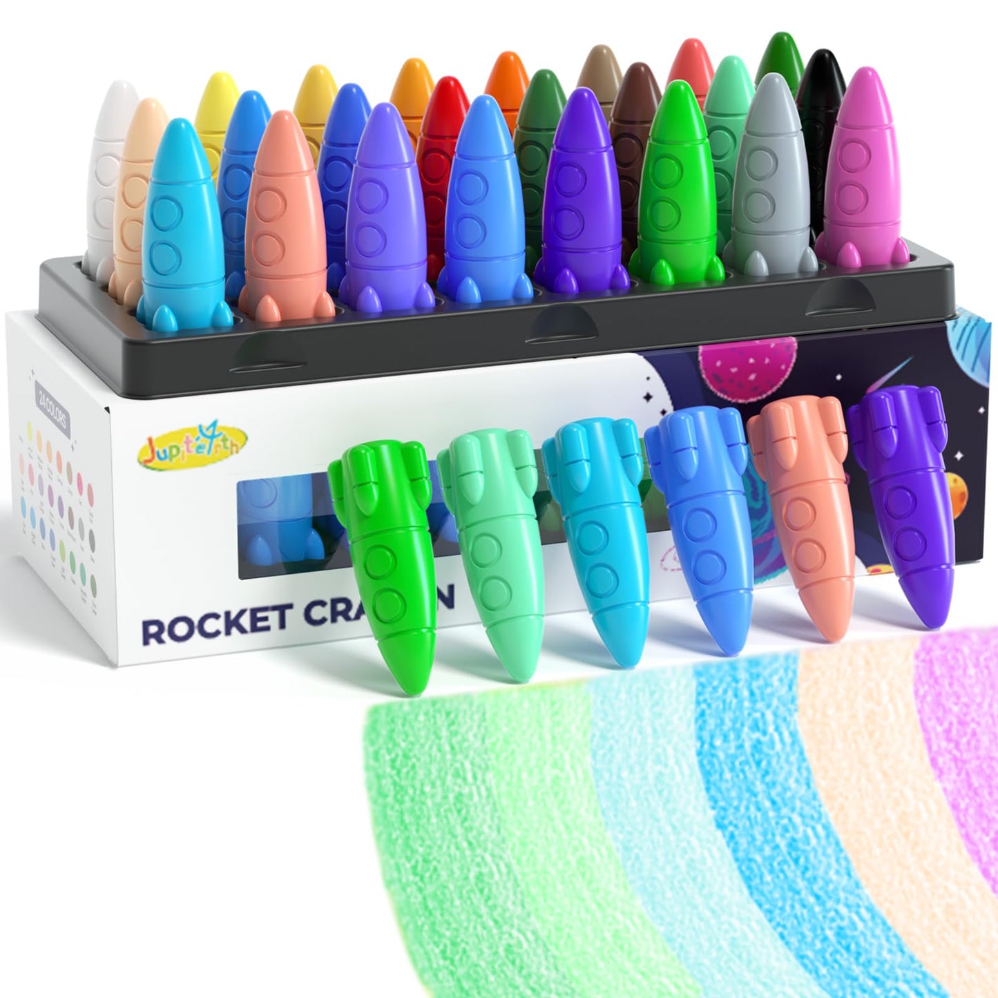 Jupitearth 24 Rocket Crayons, Non Toxic Washable Toddler Crayons, Rocket Crayons With Easy-To-Hold For Toddlers, Crayons For Kid