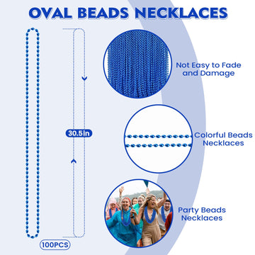 100 PCS Blue Bead Necklace, Blue Mardi Gras Christmas Oval Beads, 30.5'' 4th of July Patriotic Beads Necklaces, Parade Throw Acc