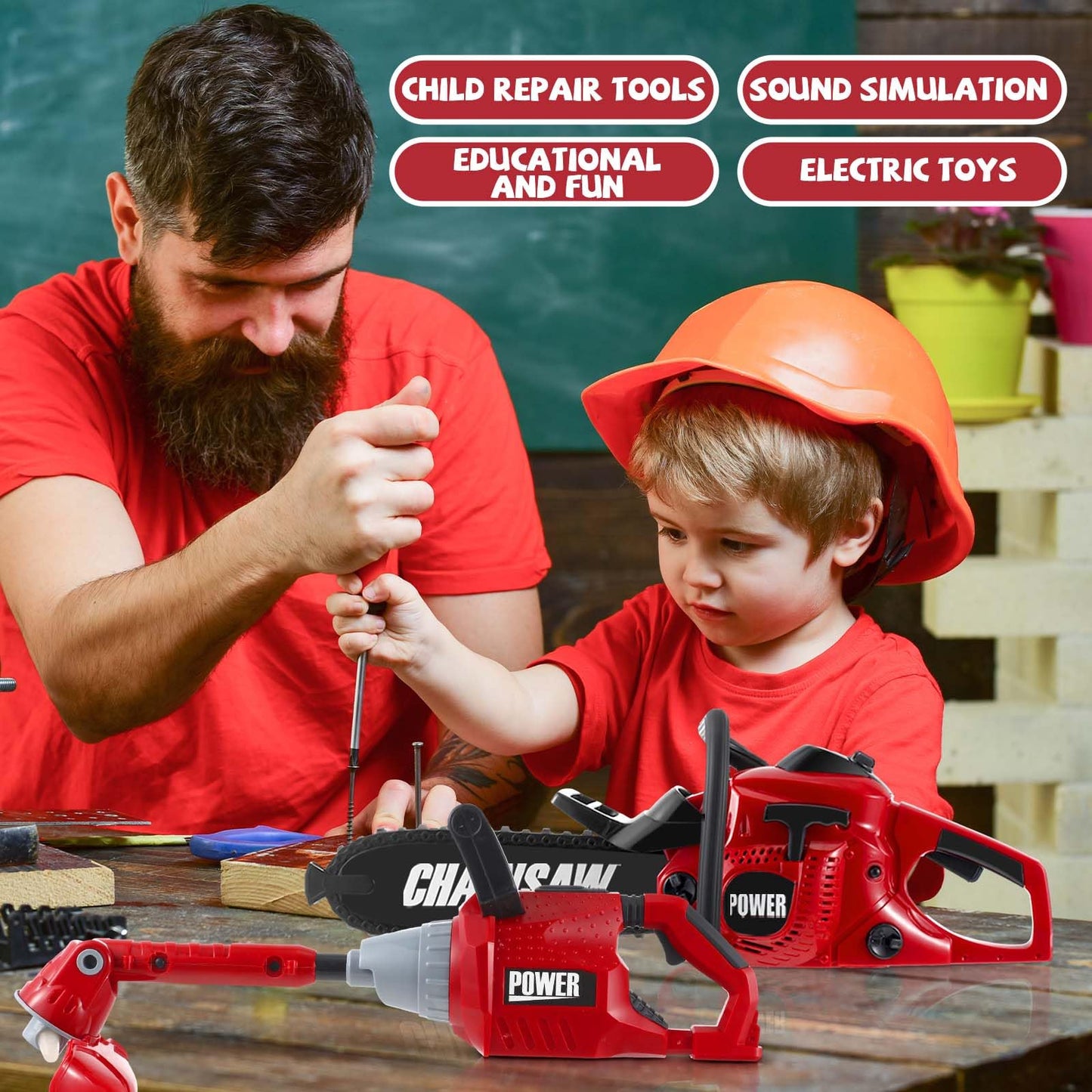 Arrowbash 2 Pcs Toy Gardening Tool Set for Kids Toy Chainsaw Lawn Trimmer Toy Battery Powered Gardening Tool Set with Lights and Sounds Christmas Party Gift for Boys Girls