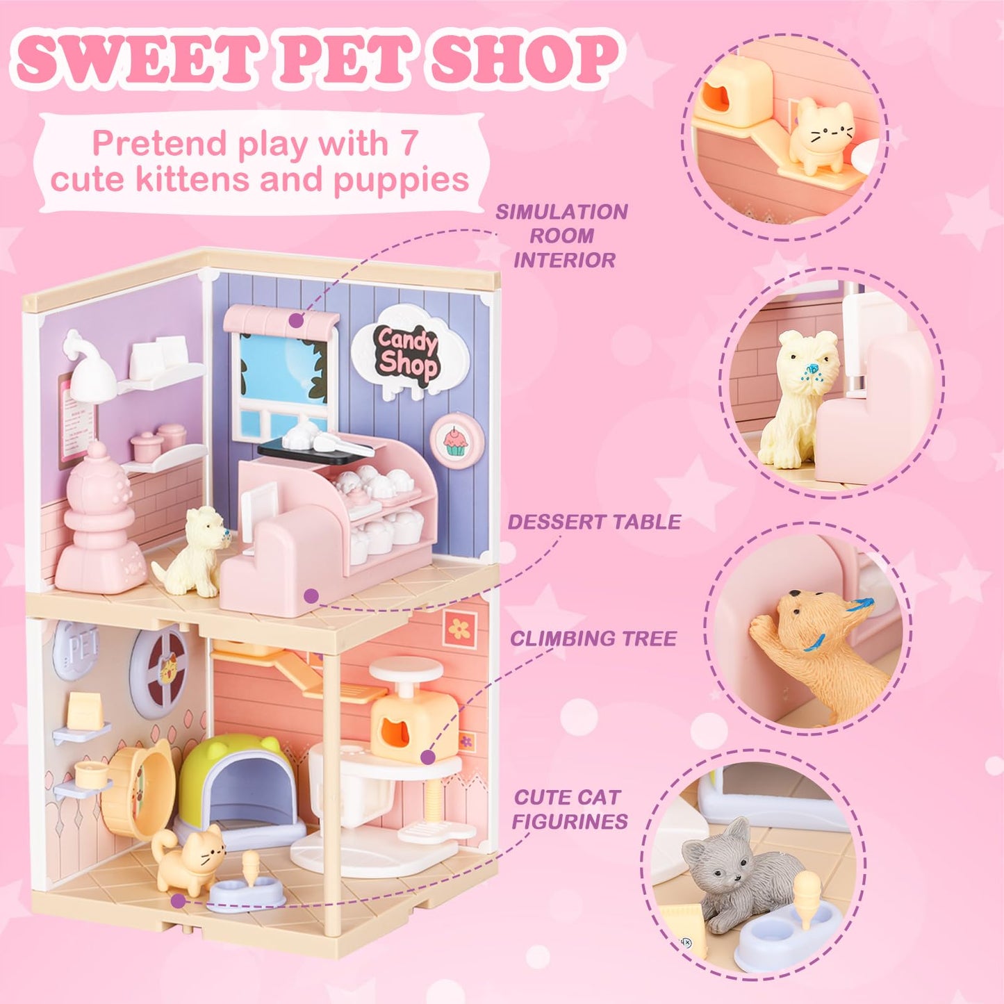 TQQFUN Cat Toys for Kids, 76 Pcs Cat and Dog Pretend Play Figures Playset, Toddlers Gift Interactive Role Play with Cake Treats,