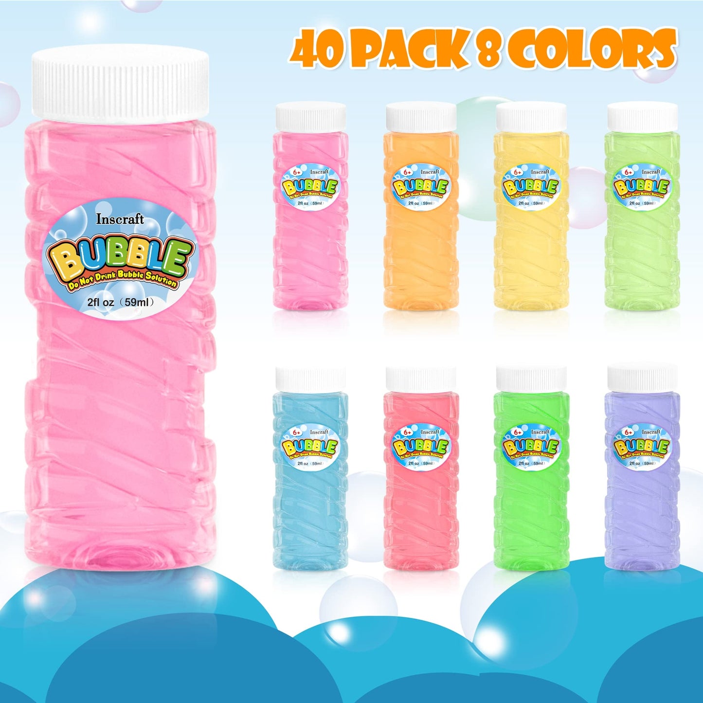 INSCRAFT 40 Pack Bubbles Solution Bulk, Party Favors for Kids Adults, 8 Colors Bottles with Wands for Birthday, Summer Toy, Wedd