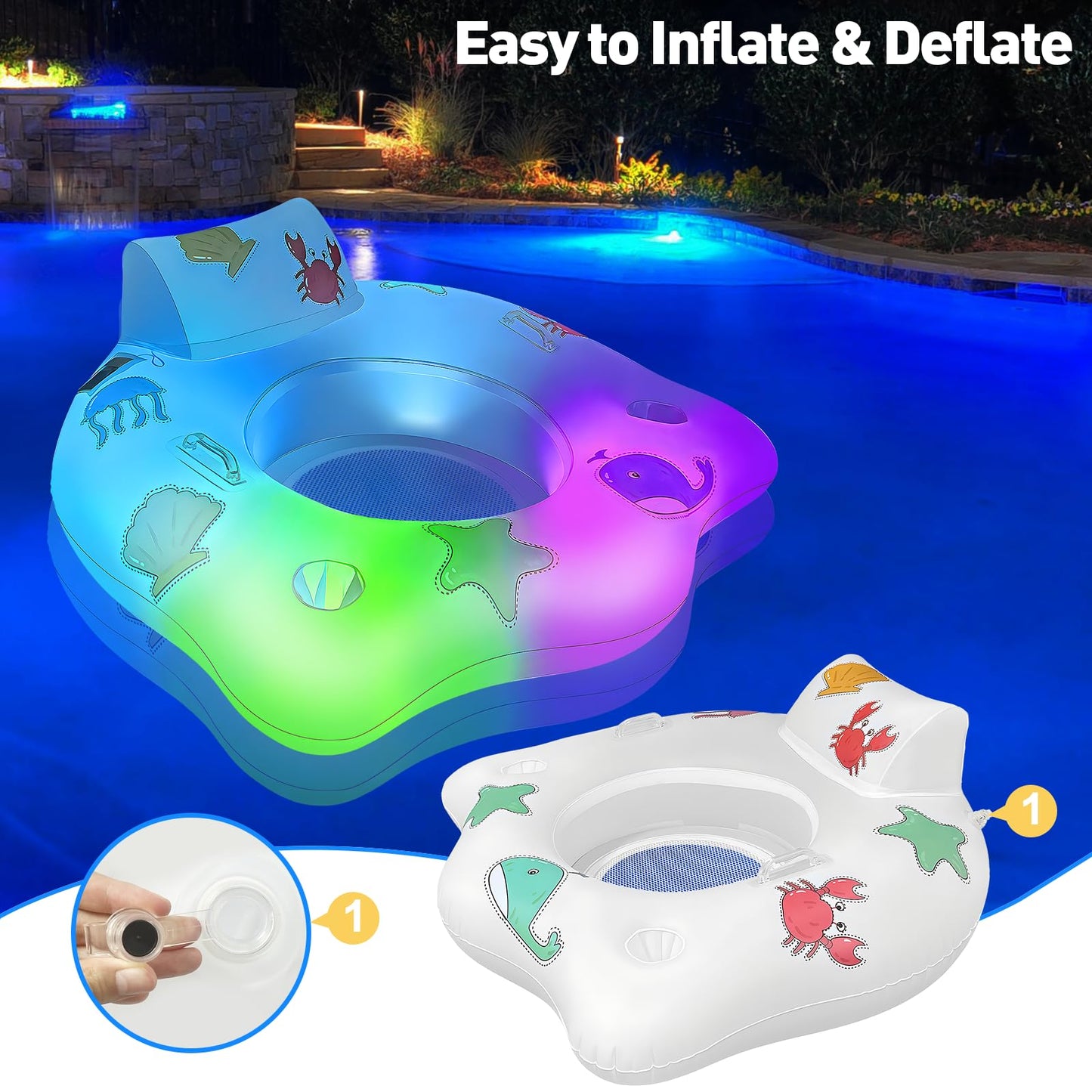 Inflatable Pool Floats Chair with Colorful Light Solar Powered Pool Chair with Color Changing with 2 Cup Holders & 2 Armrests Suitable for Kids mature-themed