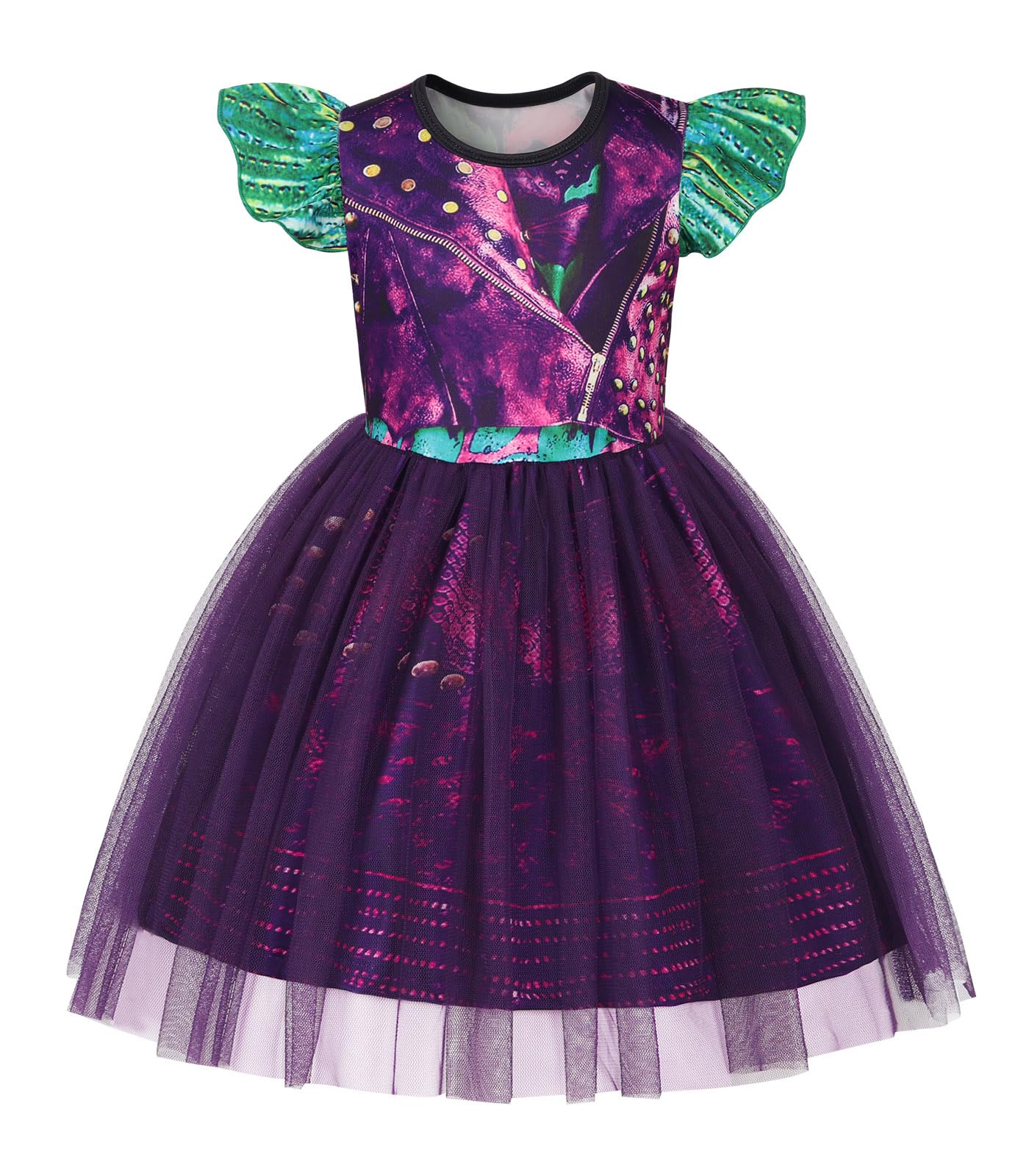 HenzWorld Girls Purple Dress Kids Costume Dress up for Girls Short Flutter Sleeve Tulle Dresses Halloween Cosplay Theme Party Ou