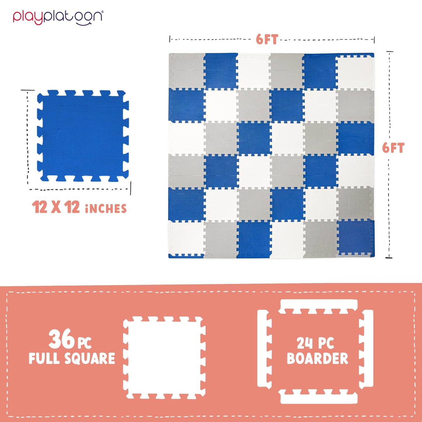 Play Platoon Non-Toxic Foam Puzzle Floor Mat, Comfortable, Extra Thick, Cushiony Exercise And Play Mat For Toddlers, Kids & Adults, 36 Tiles (12'X12'), Grey/Cream/Navy