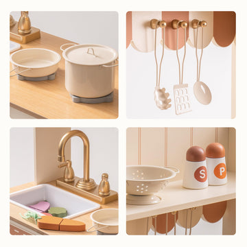 Robud Wooden Play Kitchen Set For Kids, Pretend Play Kitchen Toy Set With Golden Faucet, Sink, Oven, Stove, Cabinet, Vintage Sty