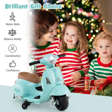 Costzon Toddler Motorcycle - Licensed Vespa Ride-On Toy, 6V Battery, Training Wheels, LED Headlight, 26"x15"x20", Blue, Model H1