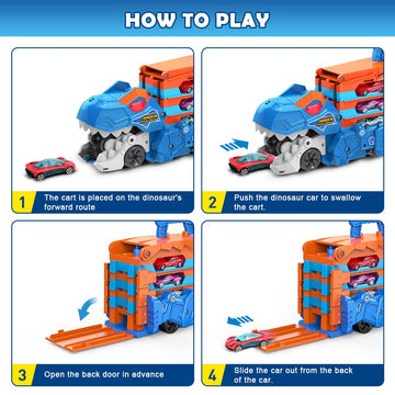 VATOS Toddler Truck Car Toy - Ejection Folding Dinosaur Track Car Toys, Portable Truck Car Toy with 8 Race Cars, Best Gift Toy C
