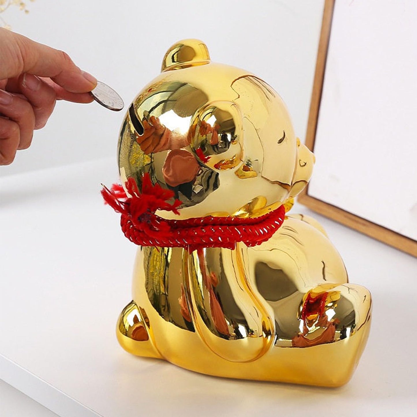 SOBEIT 7.36inch Bear Piggy Bank | Cute Bear Coin Bank | Shiny Plating Craftsmanship | Meticulous Details | Ceramic Bear Money Bank for Kids Girls Boys mature-themed(Gold/6.88 L x 5.62 W x 7.36 H)