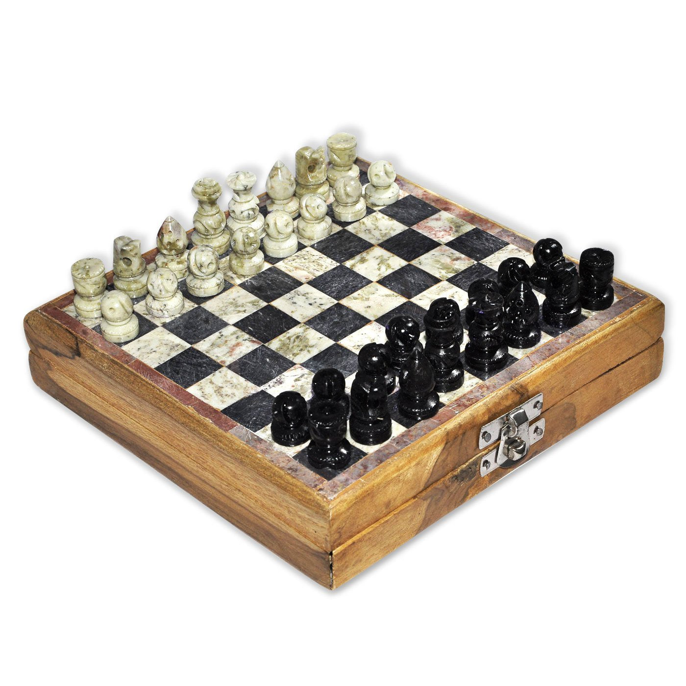 Stonkraft - 8' X 8' Chess Board With Wooden Base With Stone Inlaid & Stone Pieces Game Set