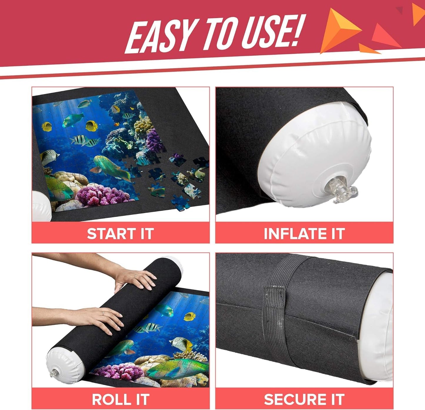 Puzzle Roll Up Mat - Store And Transport Jigsaw Puzzles Up To 1500 Pieces - 46' X 26' Felt Mat, Inflatable Tube, And 3 Elastic Fasteners Newer Improved Design - By Amy And Delle