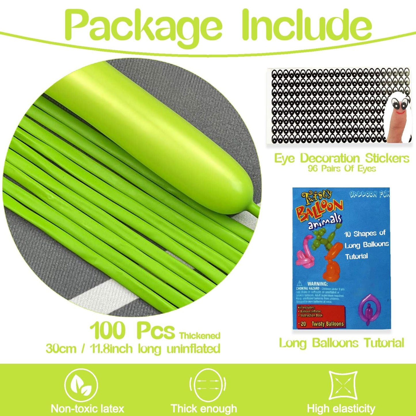 260 Balloons Lime Green, Thickened 100 Pack Long Balloons Twisting Skinny Magic Balloons For Balloon Arch Animals Clown Kids Bir
