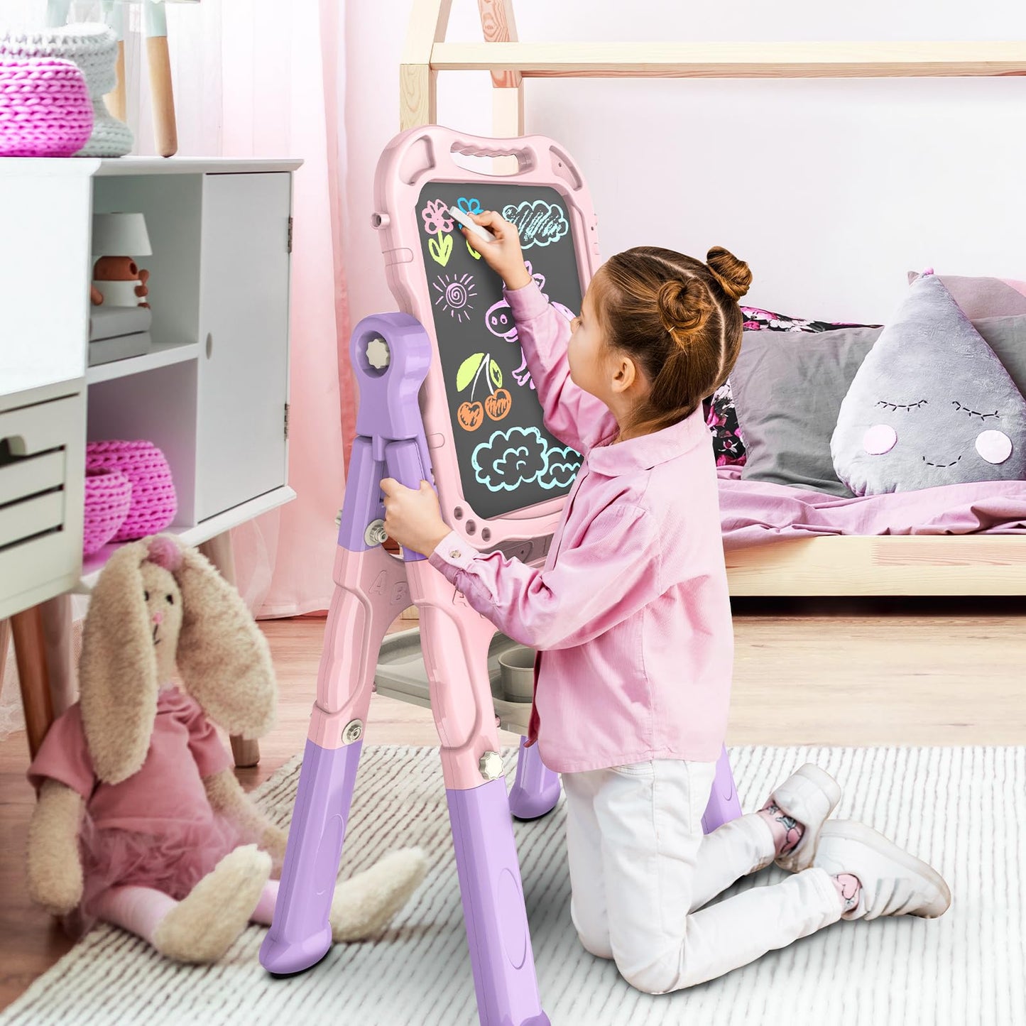 Amagoing Easel For Kids, Adjustable Standing Art Easel For Toddler, Double Magnetic Drawing Board With Painting Supplies For Lit