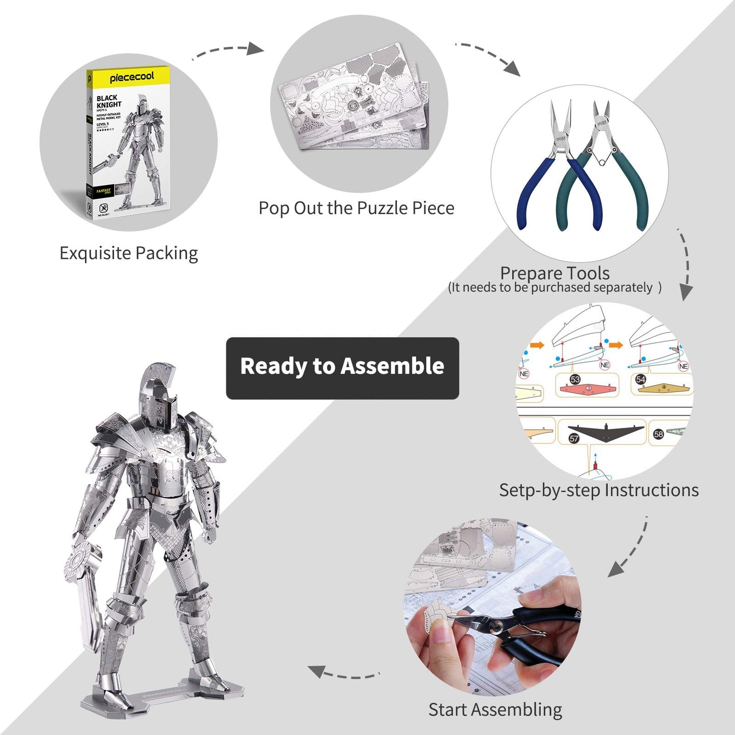 Piececool 3D Metal Puzzles For Adults Diy Mecha Model Kits Building Blocks, Black Knight 3D Figure Model Kit Brain Teaser Puzzle Fidget Toys Hobbies For Men, Great Birthday Gifts -125 Pcs