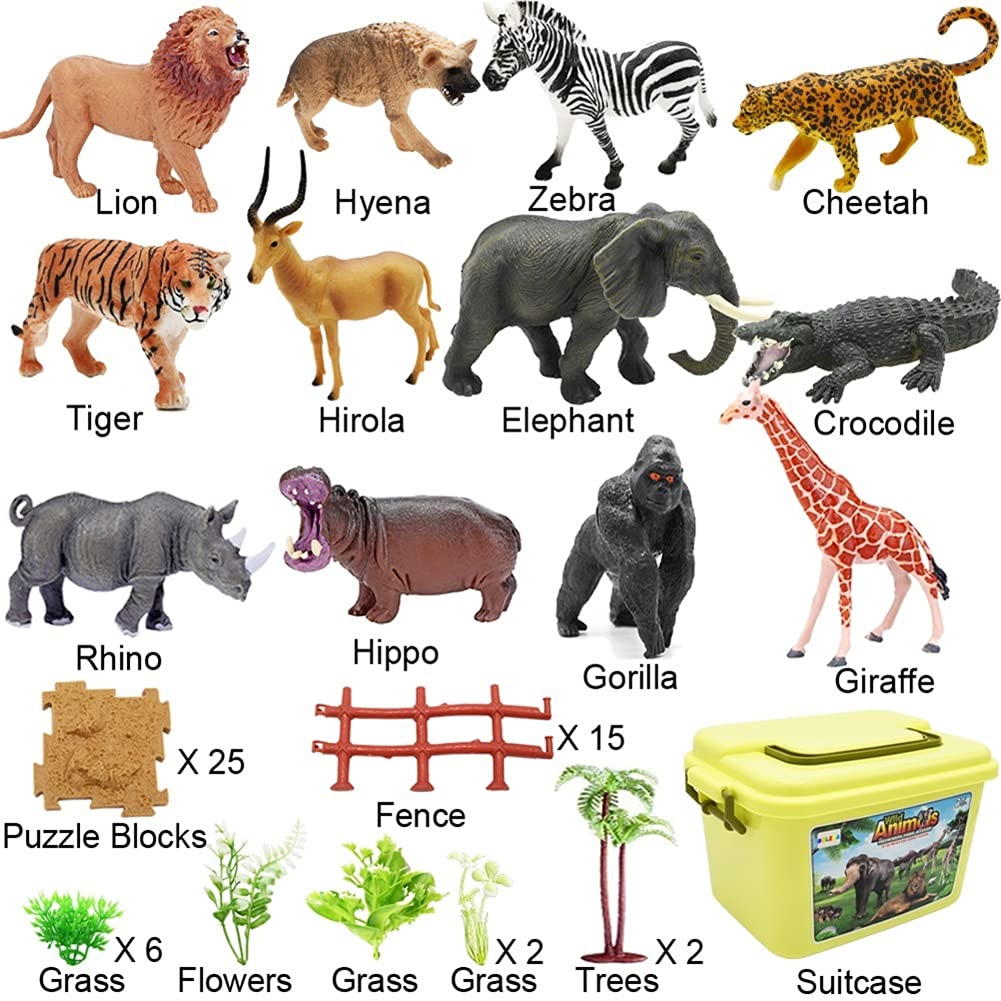 65Pcs Safari Animal Figurines Toy Set, Realistic Jungle Zoo Figures With Elephant, Lion, Giraffe, Fence, Building Blocks For Kid