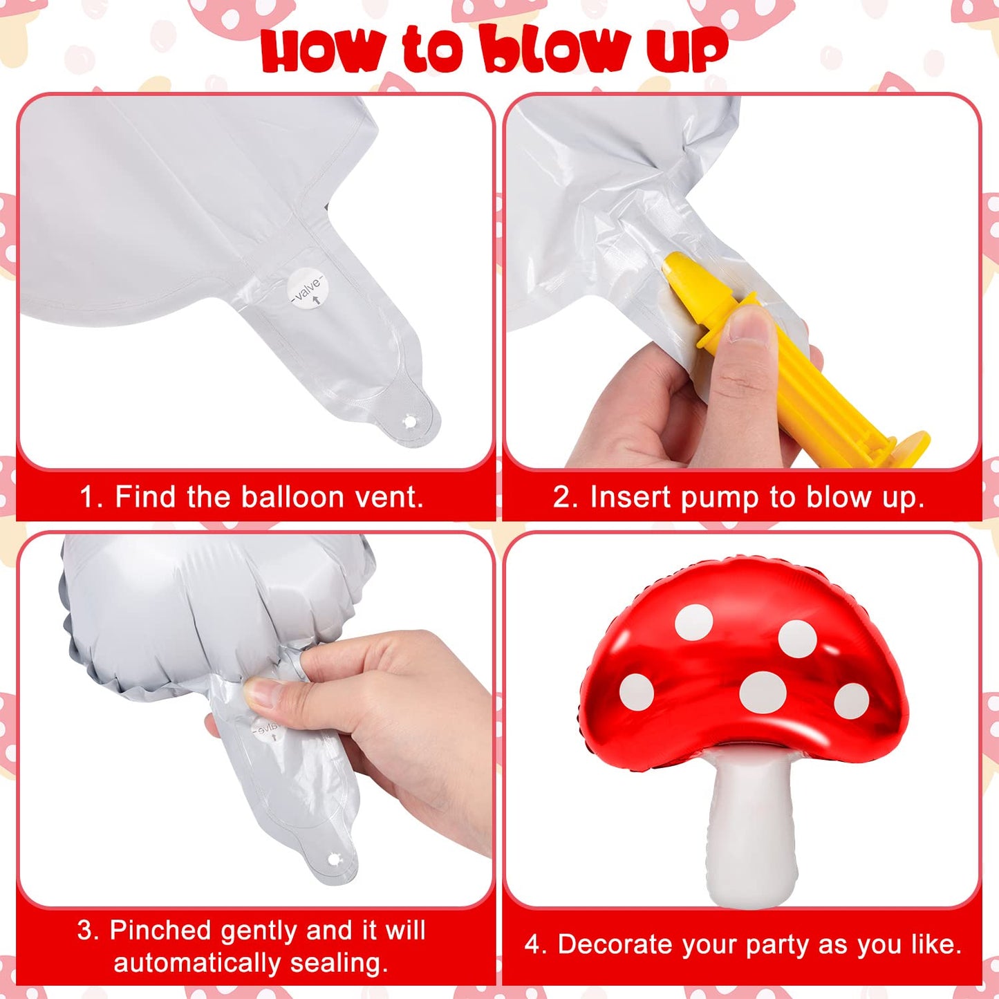 Ospvcwk 4 Pcs Cute Mushroom Balloons - 31 X 21 Inch Large Mushroom Aluminum Foil Balloons, Easy To Inflate, Fun Mushroom Birthda