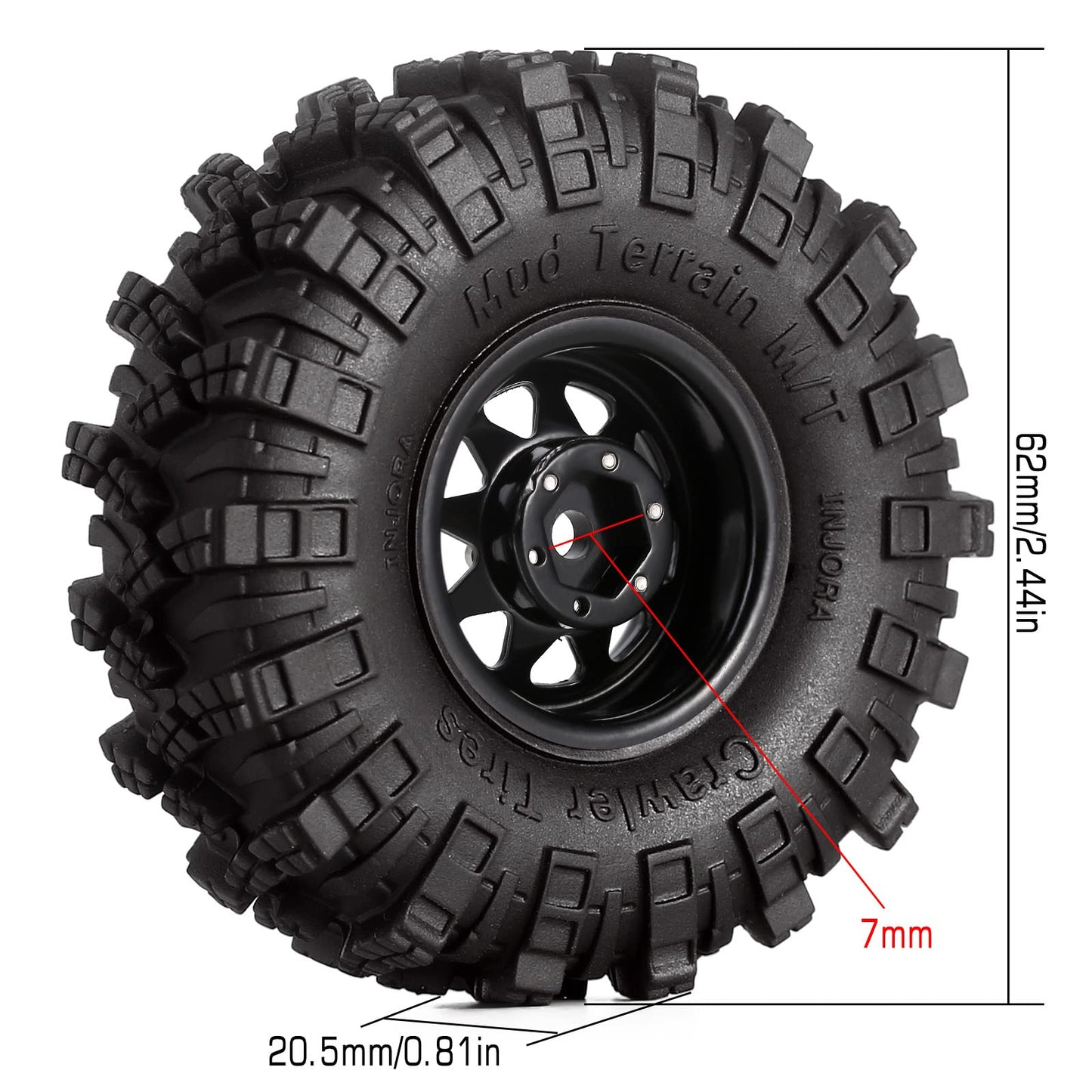 INJORA 1.0 Beadlock Wheel Mud Tires Set Deep Dish 1.0'' Wheels Tires for 1/18 TRX4M Axial AX24 SCX24 Gladiator Deadbolt Bronco C