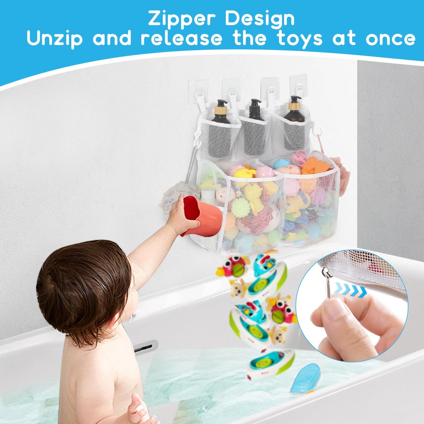 Docmon Bath Toy Storage, 2 Layers Large Capacity Bath Toy Holder, Quick Release Bathtub Toy Storage With Buttom Zipper, Mesh Sho