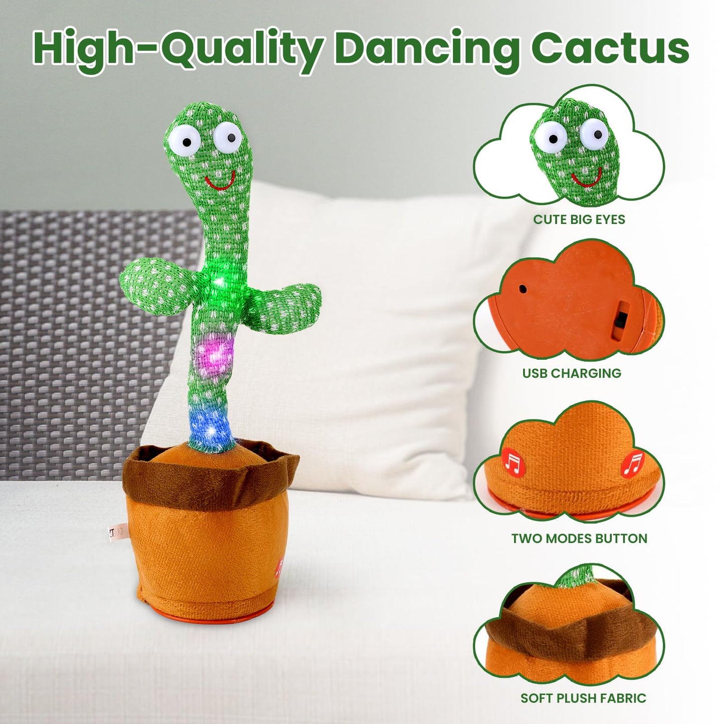 Oeofuzep Usb Charging Singing Talking Cactus Baby Toy With 120 English Songs, Singing Mimicking Talking Cactus Toy Mimics Back,